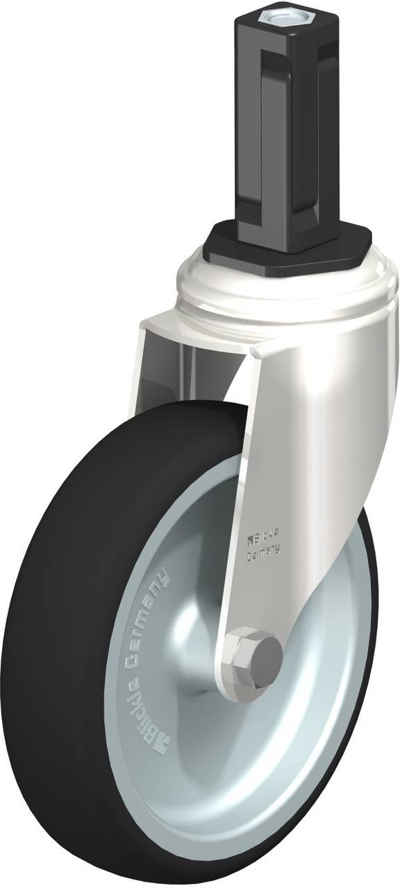 Metallisches Schwenkrad mit schwarzem Rad. Oberer Teil ist eckig und schwarz, unterer Teil besteht aus silbernem Metall.