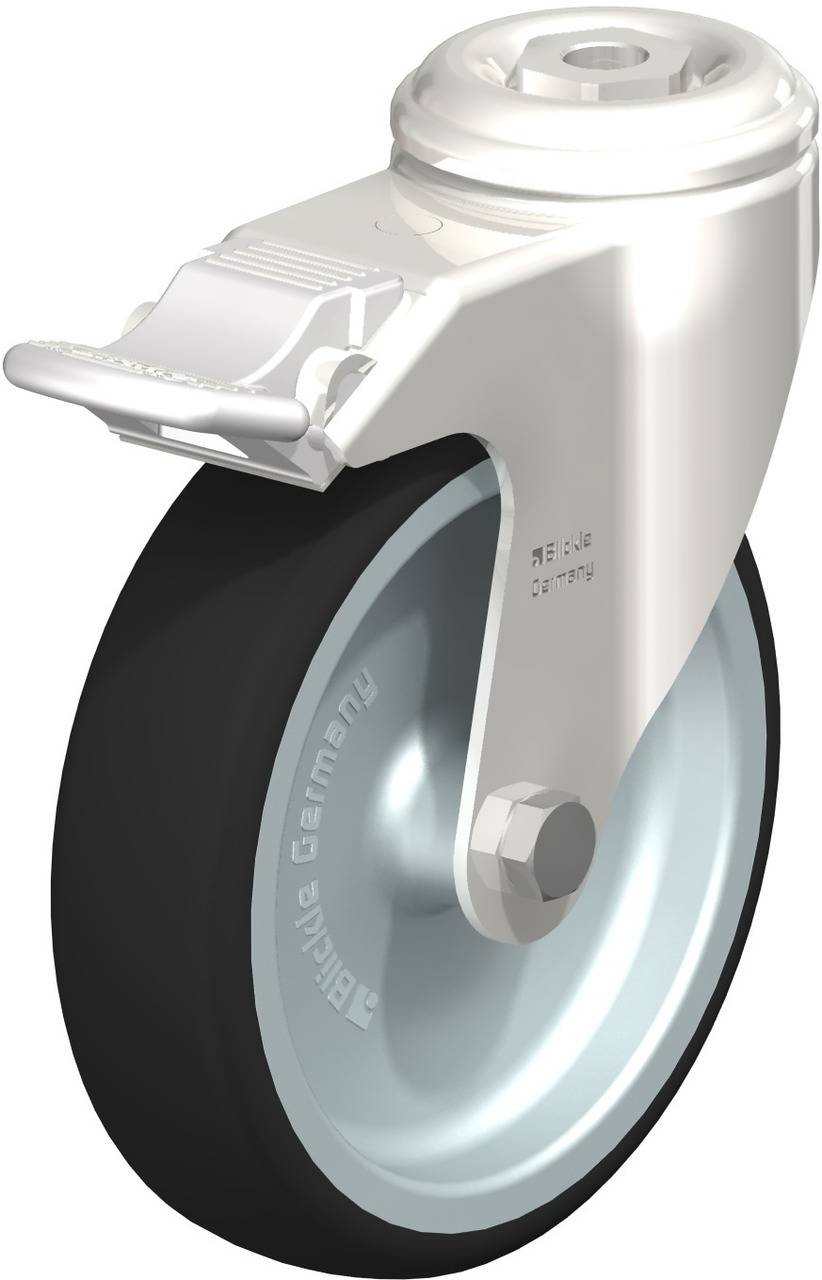 Metallrad mit schwarzem Gummireifen, geeignet für belastbare Anwendungen. Das Rad hat eine robuste Halterung und ist schwenkbar.