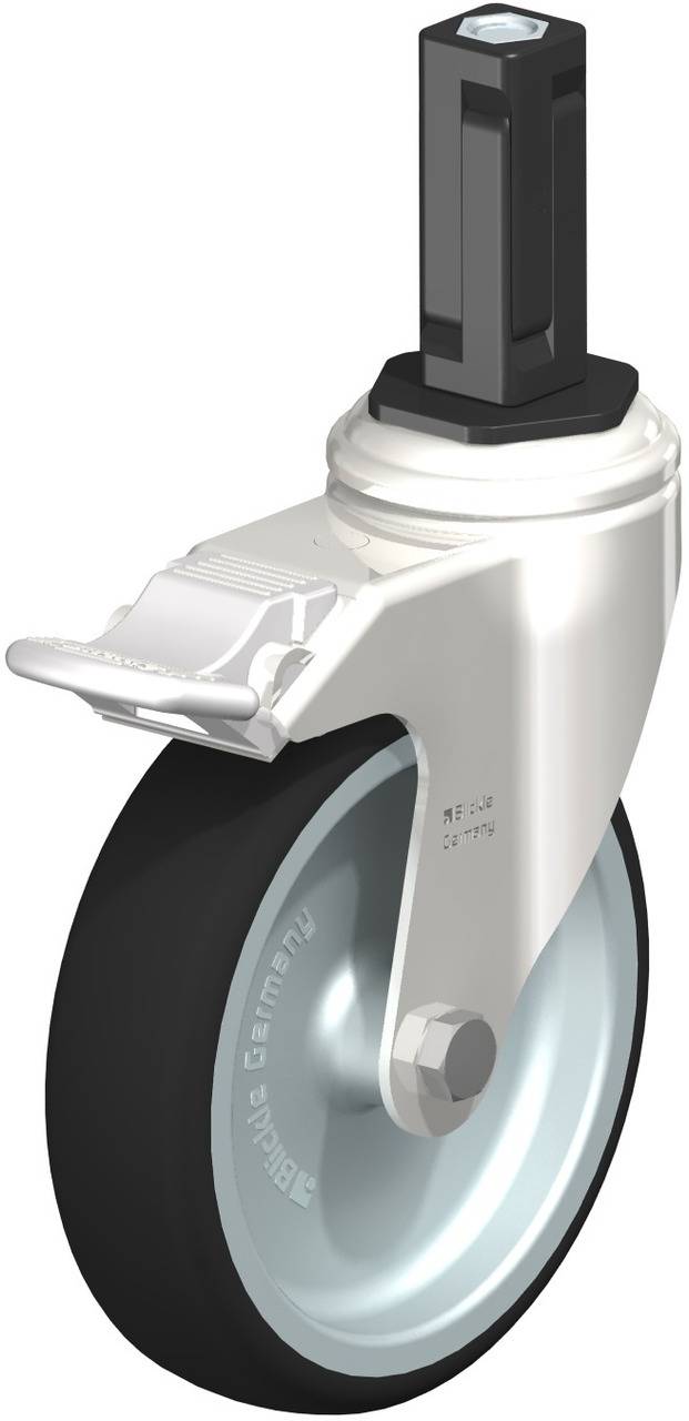 Industrie-Rolle mit schwarzem Reifen und silbernem Gehäuse, sowie einem rechteckigen Befestigungsstift. Optimiert für schwere Lasten.