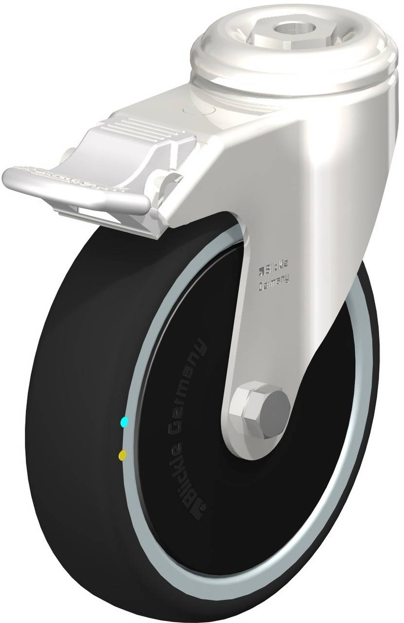 Industrie-Lenkrolle mit schwarzem Rad und silbernem Gehäuse. Gezeigt wird die Seitenansicht mit Details der Radhalterung.