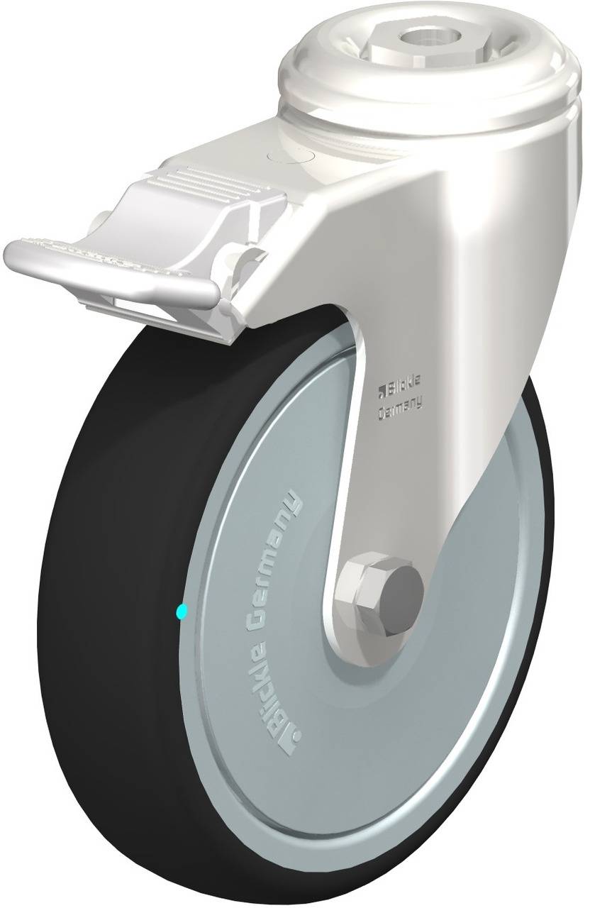 Industrie-Lenkrolle mit grauem Rad, weißem Gehäuse und integrierter Bremse; geeignet für schwere Lasten und glatte Böden.