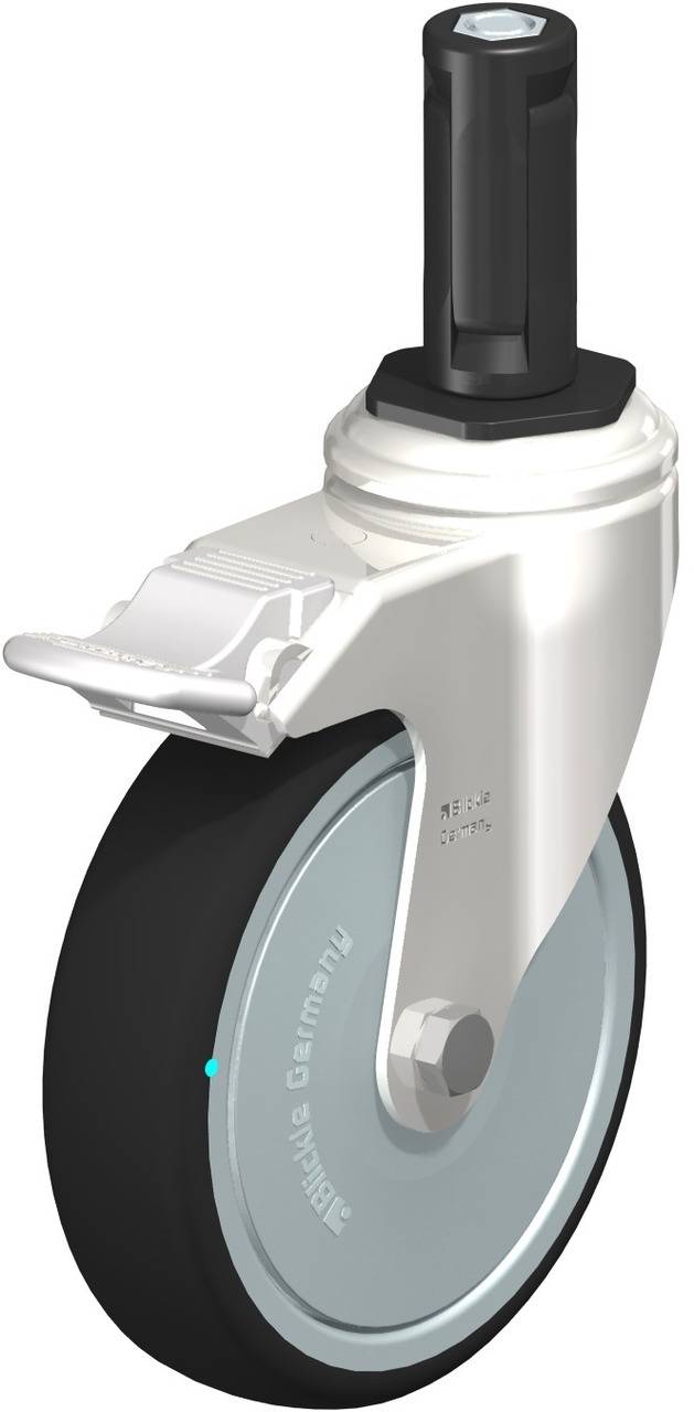 Schwenkrolle mit schwarzem Rad und weißem Gehäuse, geeignet für den Einsatz an Möbeln oder Geräten zur einfachen Bewegung.