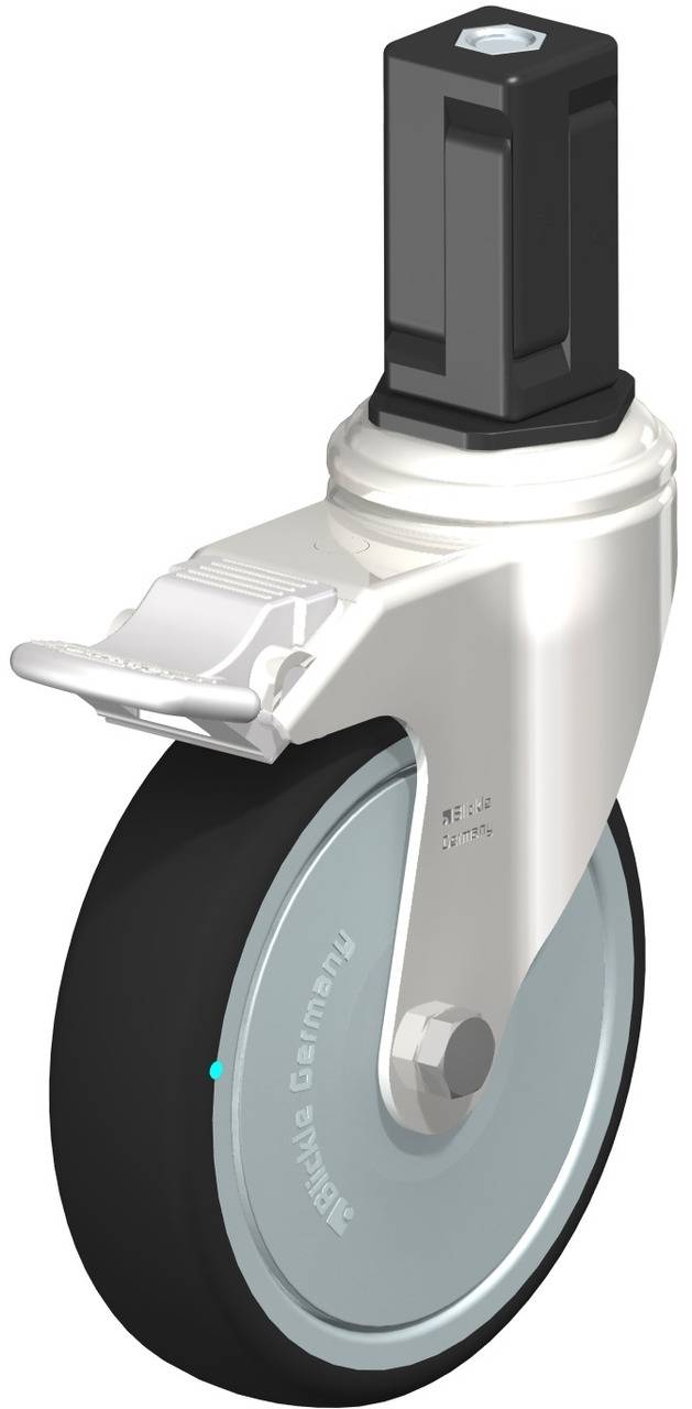 Industrie-Rolle aus Metall mit Bremsmechanismus und schwarzem Reifen, geeignet für schwere Lasten.