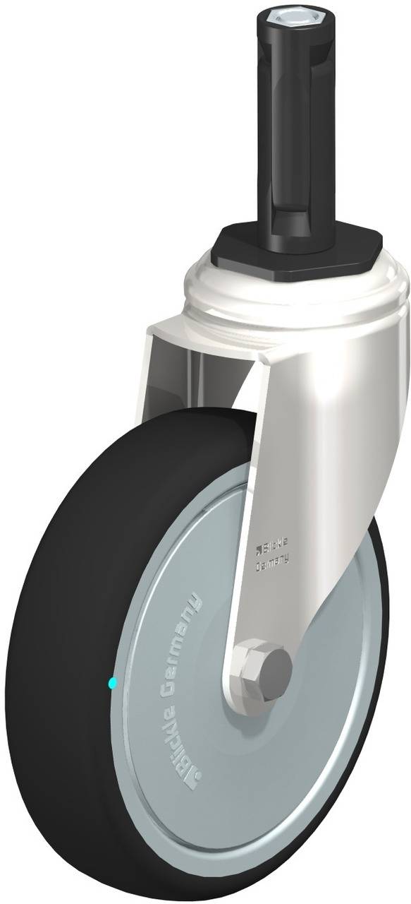 Drehbares Rad mit schwarzer Gummilauffläche und silbernem Metallgehäuse, geeignet für Möbel- oder Gerätebewegungen.