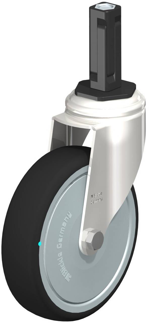 Industriefeststellrolle aus Metall und Kunststoff mit schwarzem Rad und Befestigungselement, seitlich dargestellt.