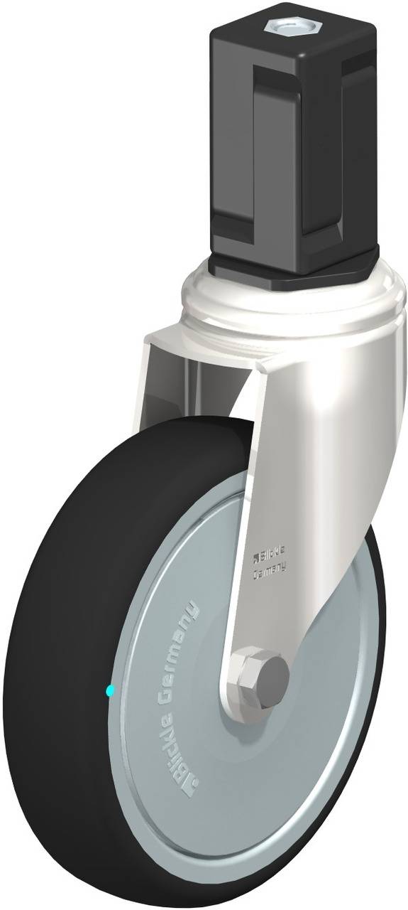 Drehbares Rad aus Edelstahl mit schwarzem Kunststoffgehäuse, geeignet für industrielle Anwendungen und Möbel.