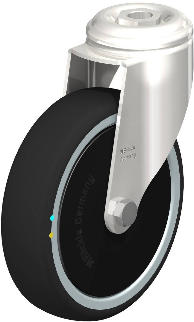 Schwarzes Rad mit silberner Halterung, seitlich montiert. Geeignet für Möbel oder Geräte, zeigt stabile Konstruktion.