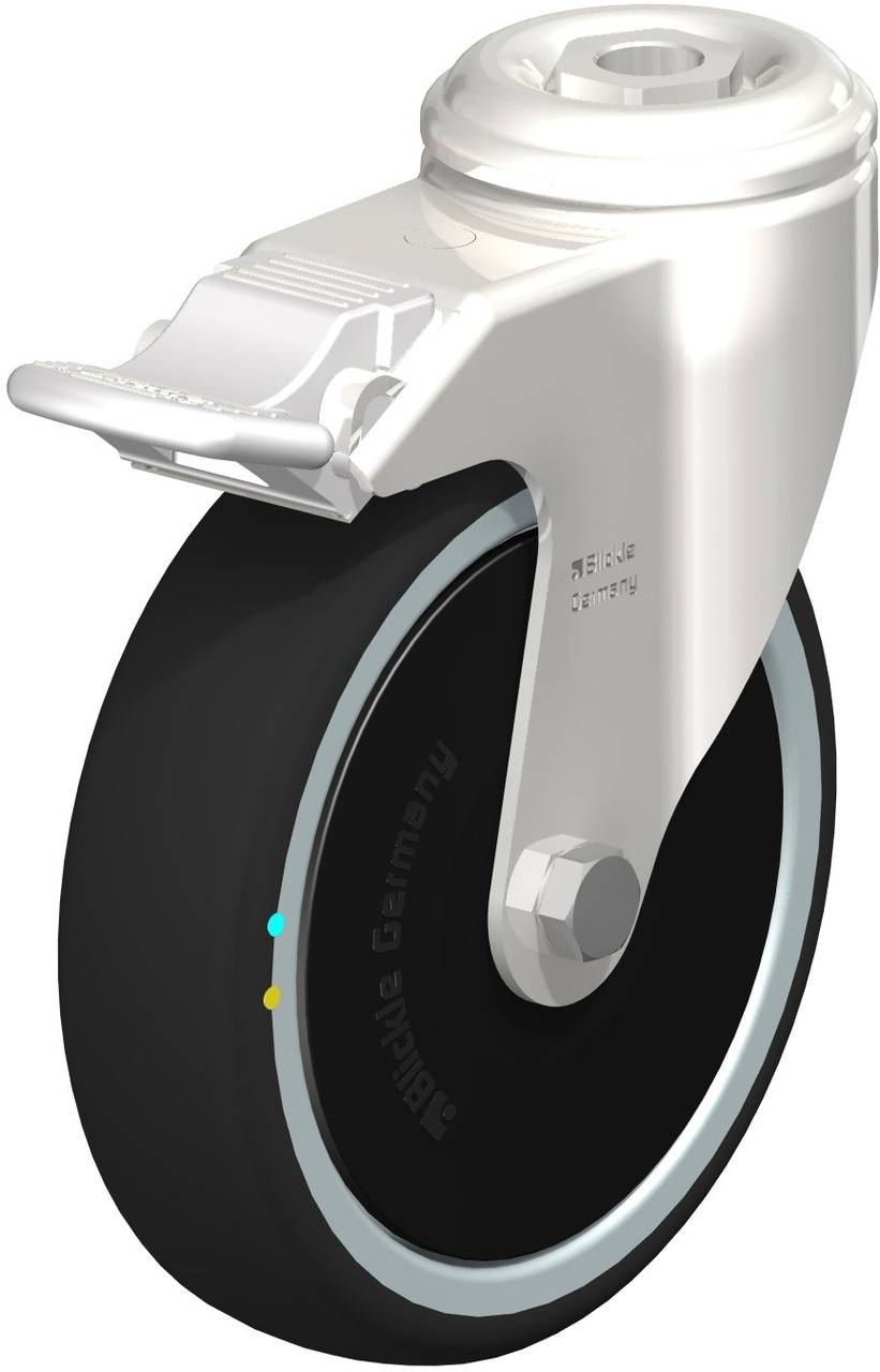 Ein weißes, metallisches Schwenkrad mit schwarzem Gummi-Reifen, geeignet für den Einsatz an Geräten oder Möbeln zur Mobilität.