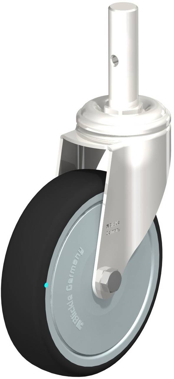 Industrie-Rolle mit silbernem Gehäuse und schwarzem Rad. Geeignet für den Einsatz in Transportgeräten und Maschinen.