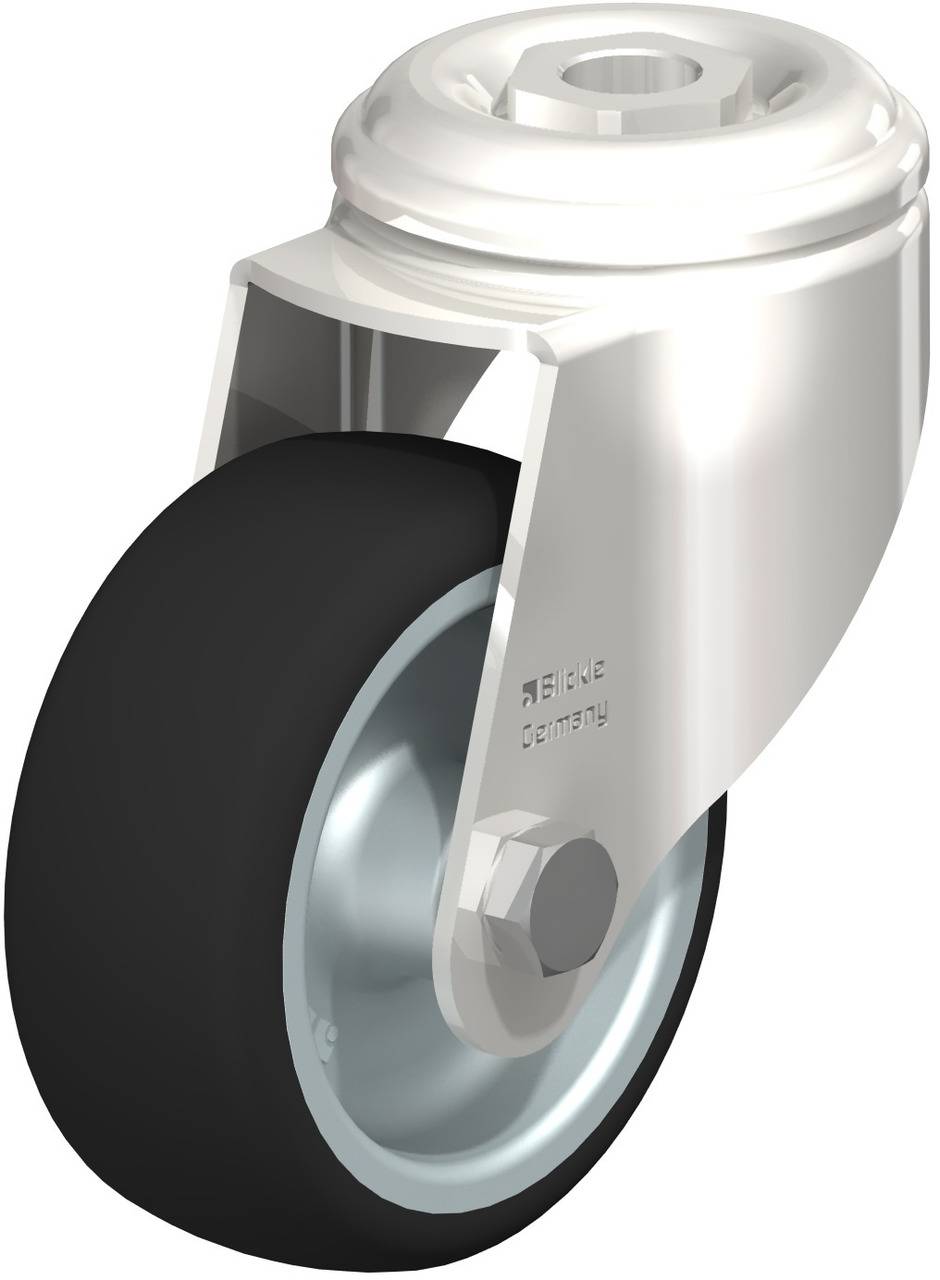 Schwenkrolle aus Metall mit schwarzem Rad. Wird häufig für Möbel oder Geräte mit Rollen verwendet.