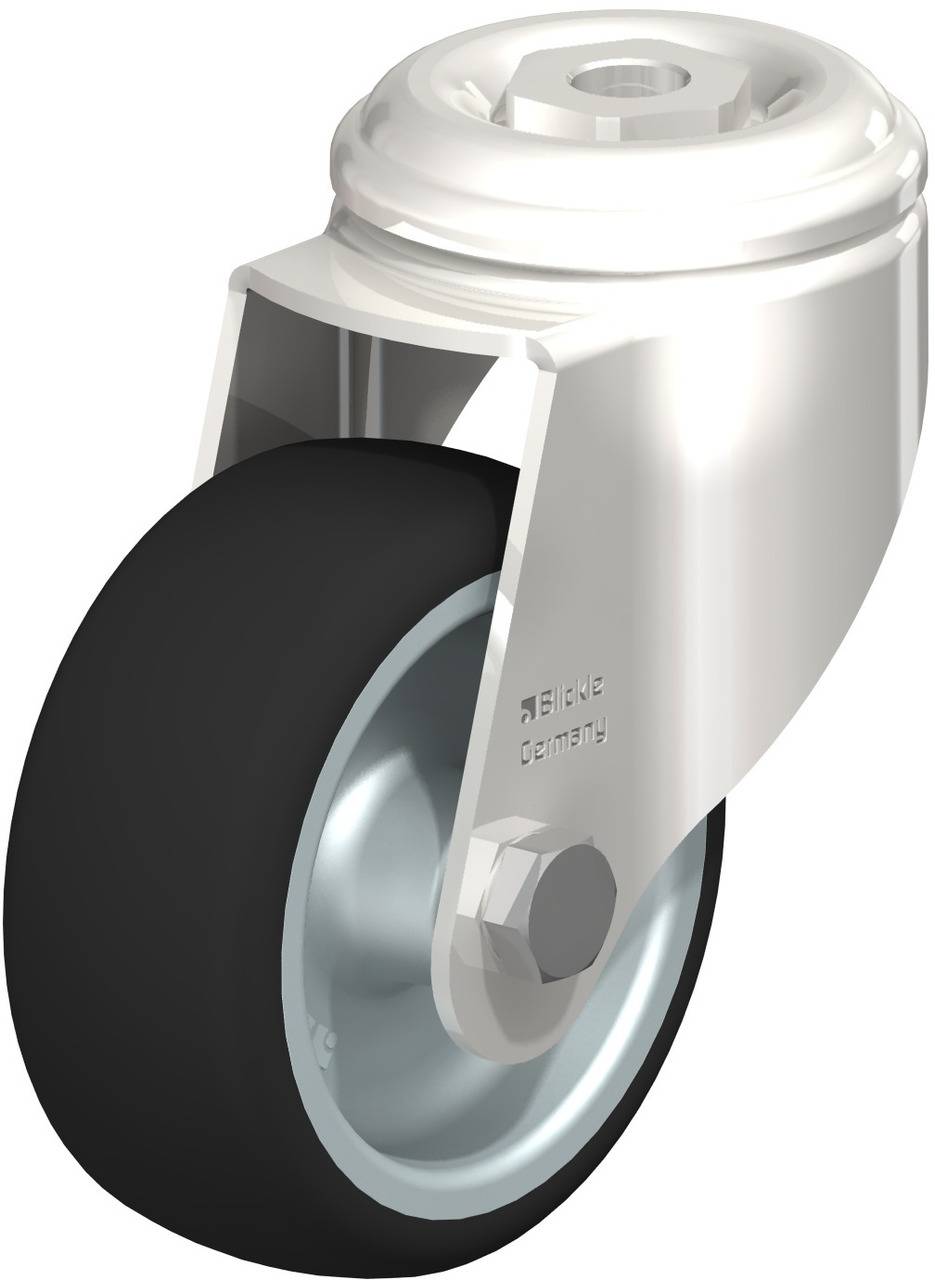 Rolle aus Metall und Gummi, seitlich abgebildet. Verwendet für Möbel oder Transportwagen. Langlebig und robust, mit Befestigung oben.