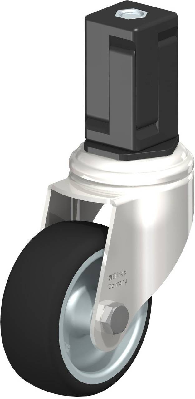 Ein drehbares Rad mit Metallgehäuse und schwarzem, rechteckigem Anschluss oberhalb, zur Montage an Möbeln oder Geräten.