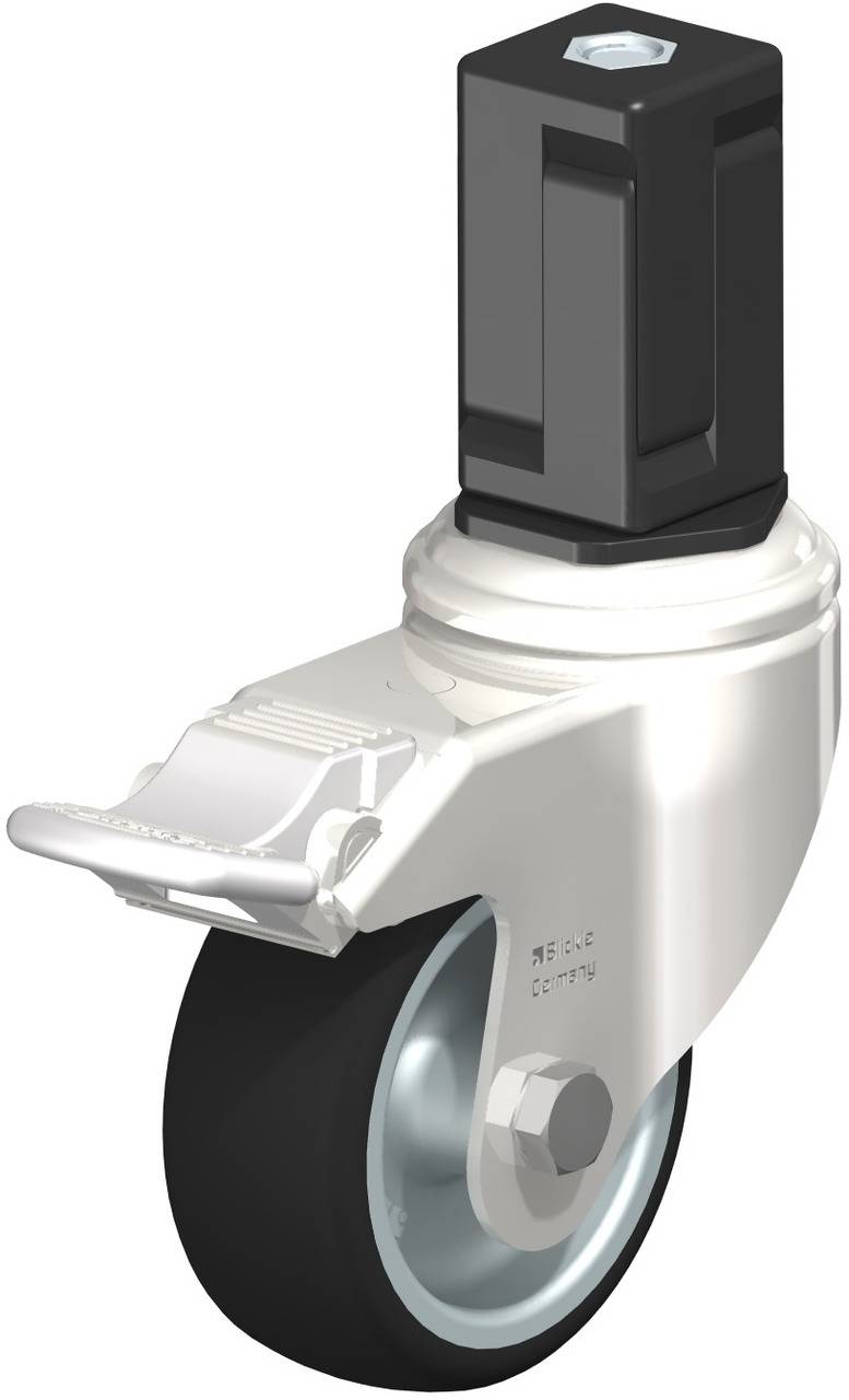 Rollenrad mit schwarz-silbernem Design und rechteckigem Befestigungsanschluss in schwarzem Gehäuse. Geeignet für Möbel.