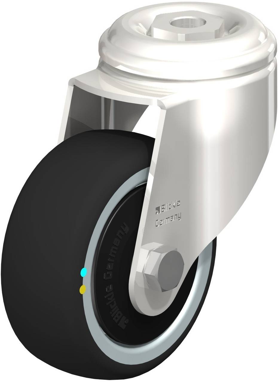 Schwenkrolle mit schwarzem Rad und silbernem Gehäuse, geeignet für Möbel oder Transportwagen.