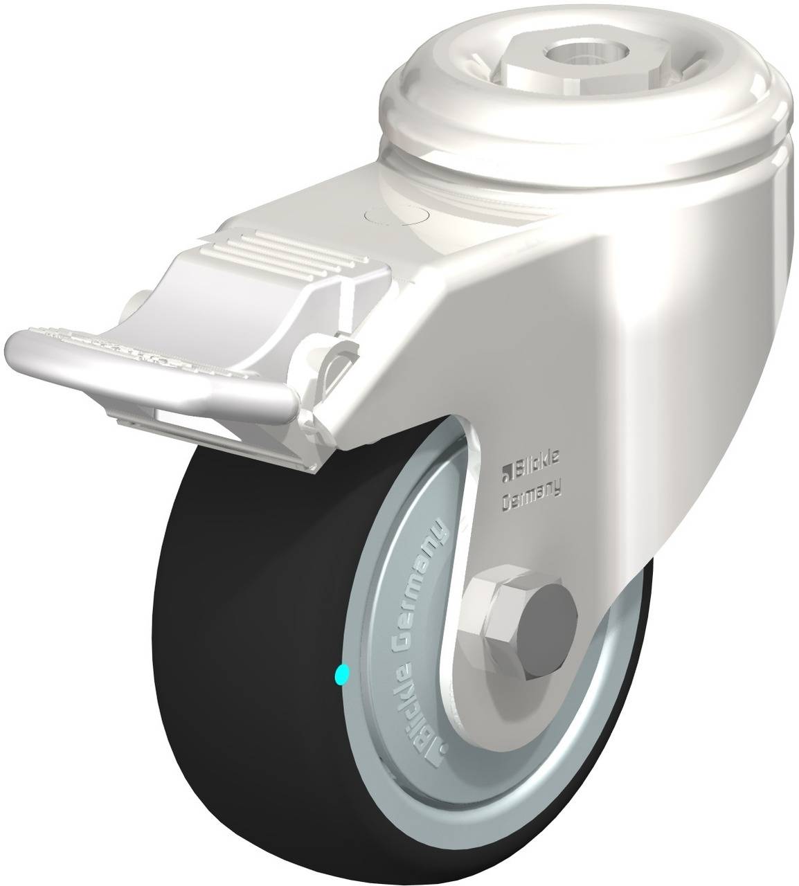 Industrie-Lenkrolle aus Metall mit schwarzem Rad und Bremse, hergestellt von 'TENTE'. Sie zeigt Robustheit und Funktionalität.