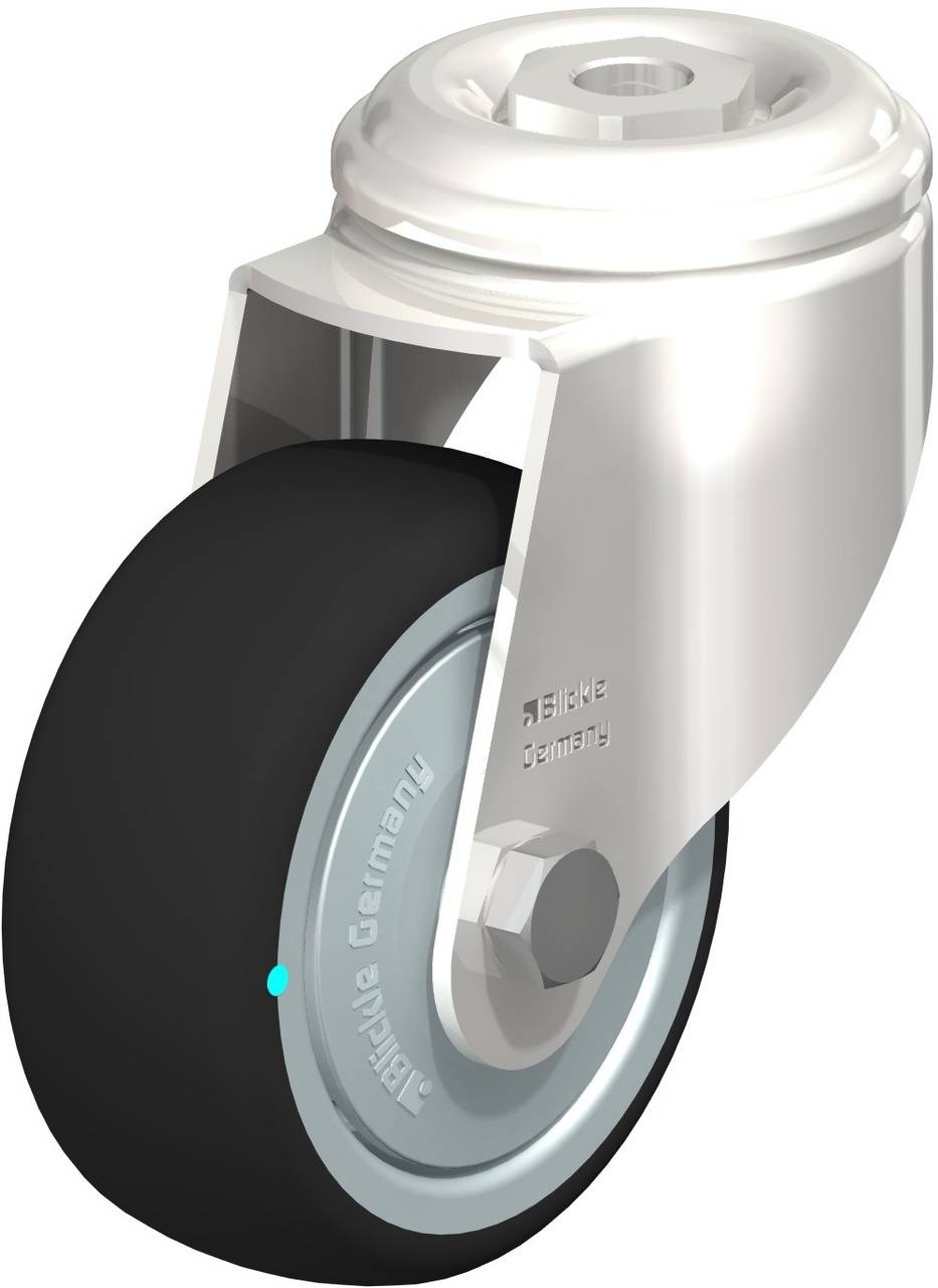 Industrierolle mit schwarzem Gummirad und weißem Metallgehäuse, seitlich gezeigt. Geeignet für schwere Lasten in verschiedenen Anwendungen.