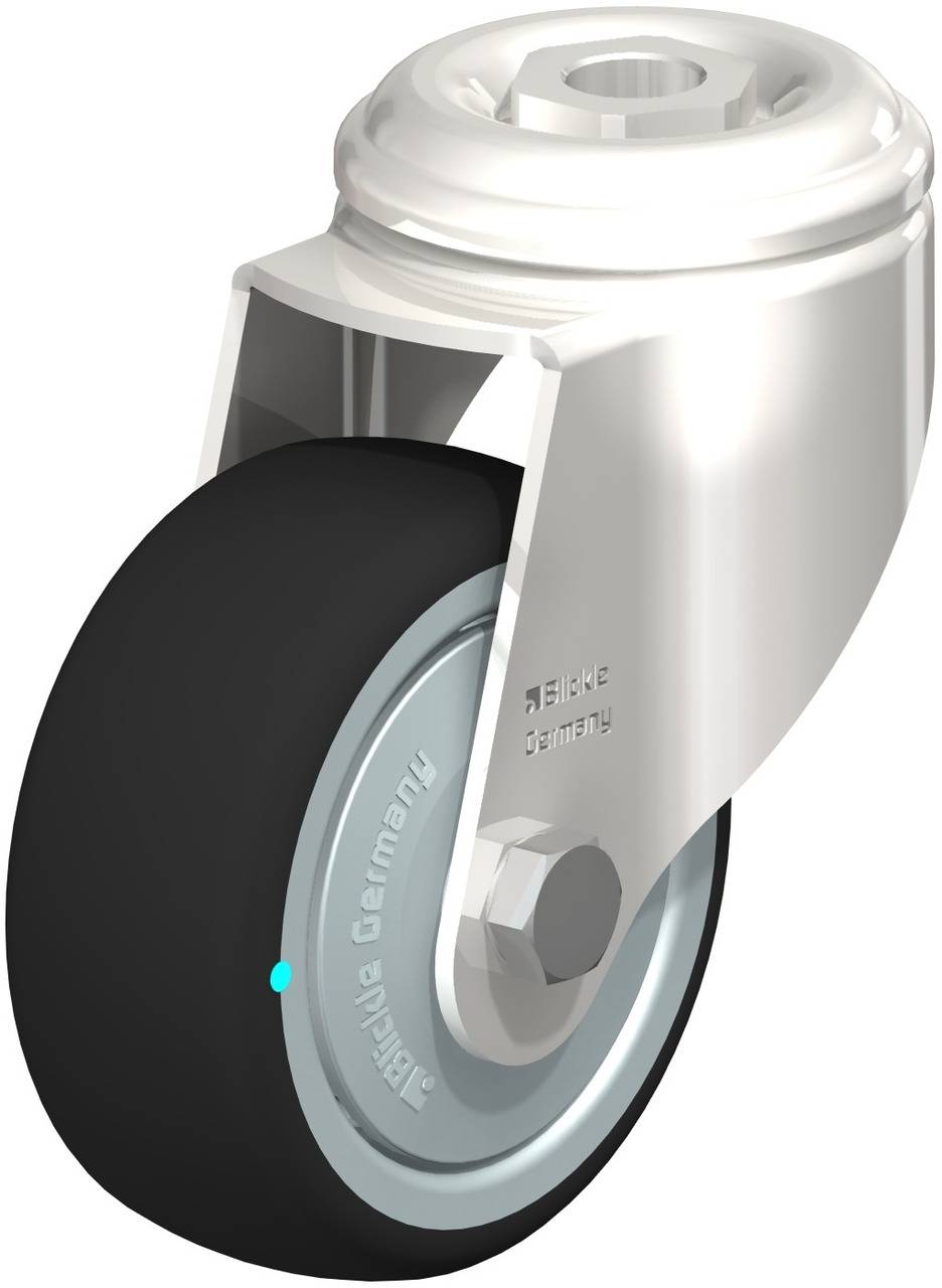 Ein silbernes Schwenkrollenrad mit schwarzem Reifen, geeignet für Möbel oder Industrieeinsatz. Marke ist sichtbar auf der Metallhalterung.