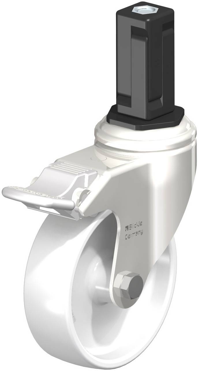 Industrie-Lenkrolle mit feststellbarem Bremssystem, weißes Gehäuse, schwarzer Halterung, geeignet für mobile Geräte oder Möbel.