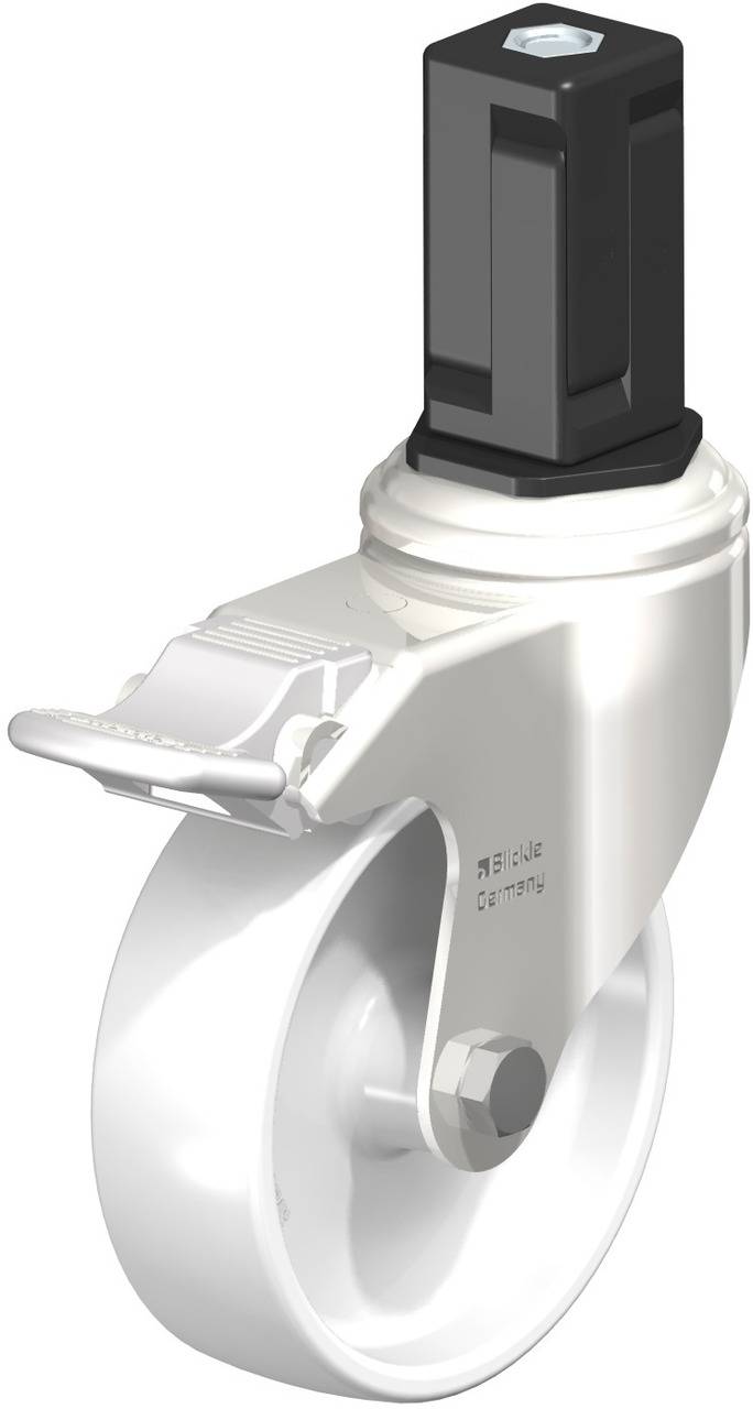 Weißes Laufrollenrad mit Schraubverschluss, geeignet für Möbel oder Gerätebewegung, Detail zur Befestigung oben sichtbar.