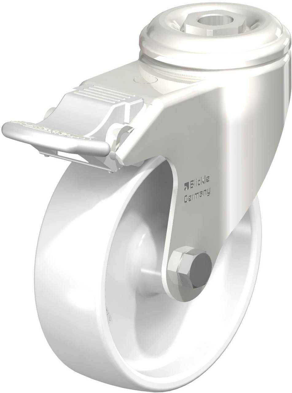 Weiße Lenkrolle mit Montageplatte aus Metall, geeignet für den industriellen Einsatz. Beschriftung 'Blickle Germany'.