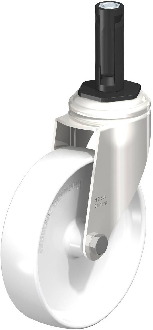 Industrierolle mit weißem Rad und schwarzem Halter aus Kunststoff. Geeignet für Möbel oder Geräte mit Rollenbedarf.