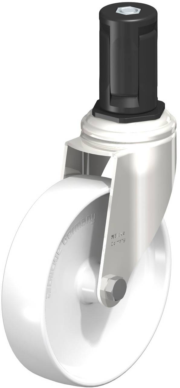 Ein weißes Rollrad mit schwarzer Befestigung, geeignet für Möbel oder leichte Transportwagen. Es hat eine glänzende Metallhalterung.