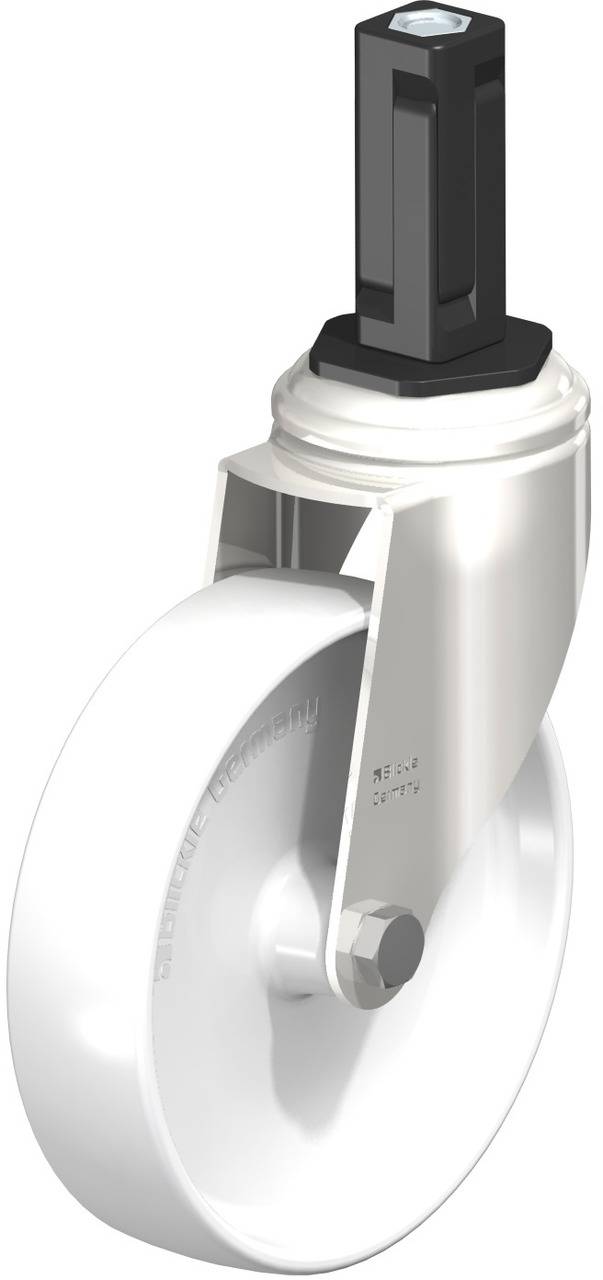 Weißes Rad mit schwarzem Metallgestell. Es handelt sich um ein Laufrollenmodell mit glatter Oberfläche und festem Befestigungsstift.