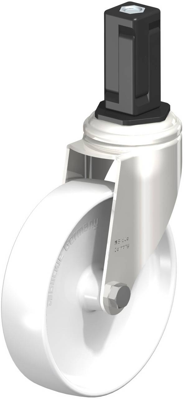 Ein weißes Rad mit Metallhalterung und schwarzem Befestigungsstift, vermutlich ein Möbel- oder Geräte-Rollenrad.