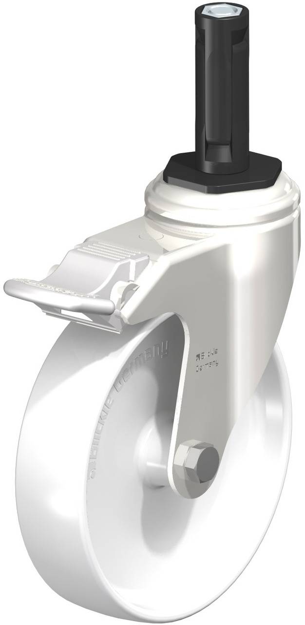 Einzelnes weißes Laufrollenrad aus Kunststoff mit Metallhalterung und feststellbarer Bremse, zur Montage in Möbeln oder Geräten vorgesehen.