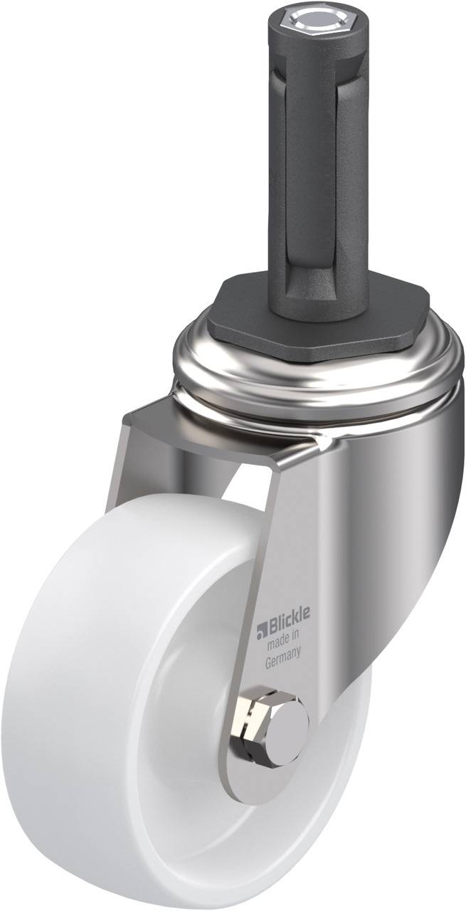 Ein silbernes, verchromtes Laufrollenrad mit weißem Rad aus Kunststoff, montiert an einer schwarzen Metallstange.