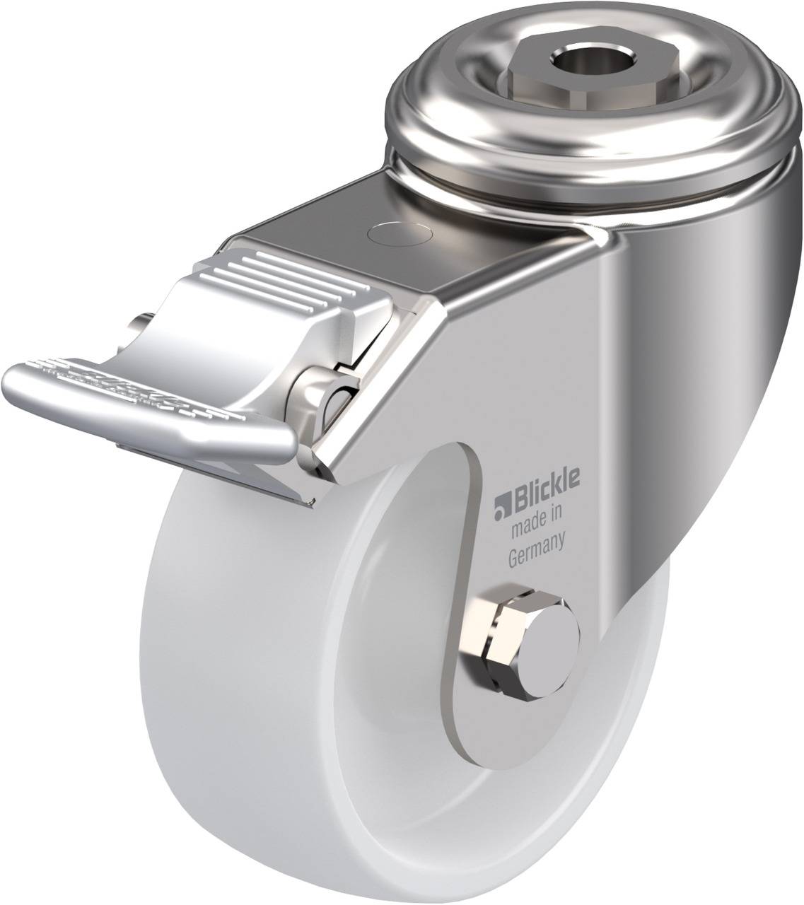 Metallisches Lenkrollenrad mit Bremse, Aufschrift 'Blickle made in Germany'. Geeignet für Möbel oder Geräte, für Bodenmobilität.