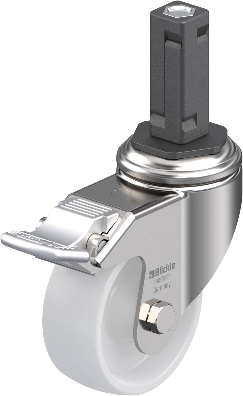 Eine Lenkrolle aus Metall und weißem Kunststoff mit Feststeller, geeignet für den Einsatz in Möbeln oder Geräten zur Mobilität.