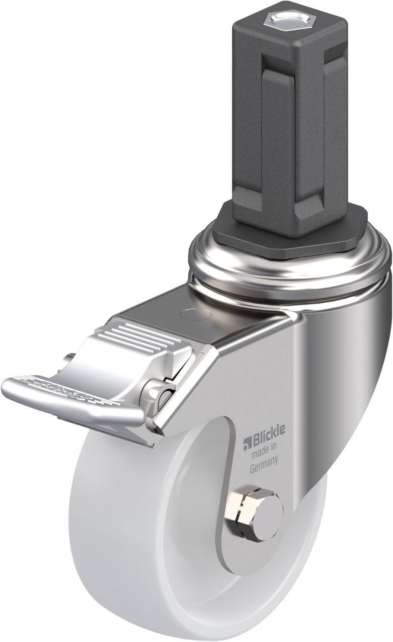 Hochwertige Bockrolle aus Metall mit Kunststoffrad, geeignet für industrielle Anwendungen. Enthält Feststeller für sichere Positionierung.