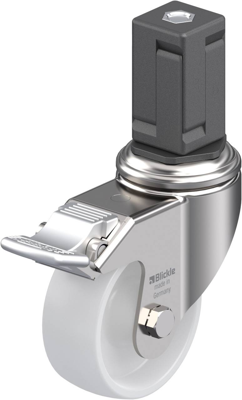 Industrie-Rolle mit grauen Gehäuse und weißem Rad, ausgestattet mit einem Metallteil für Befestigung; für Schwerlasttransport geeignet.