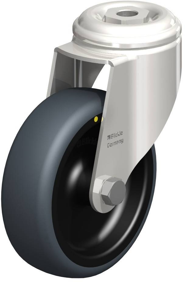 Industrie-Lenkrolle mit grauem Rad und robustem Metallgehäuse, geeignet für schwere Lasten.