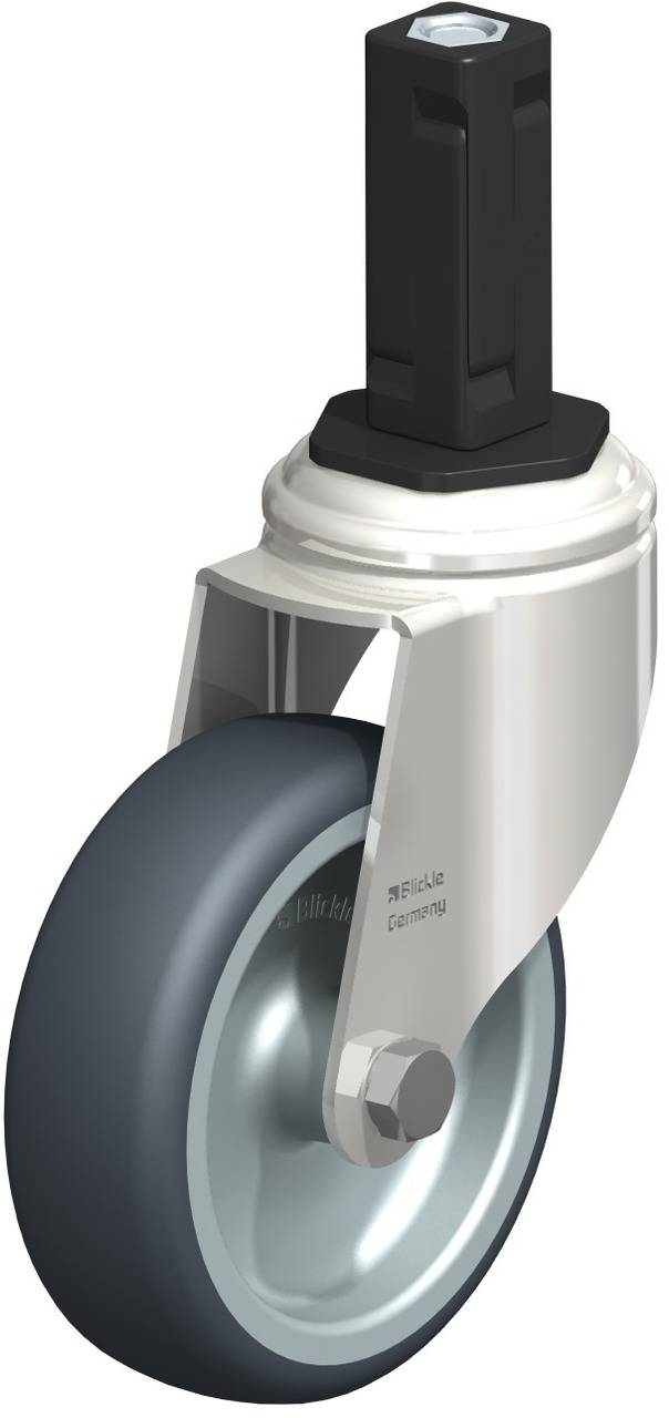 Industrielle Schwenkrolle mit grauem Kunststoffrad und schwarzem Gehäuse zur Befestigung an Geräten oder Möbeln.