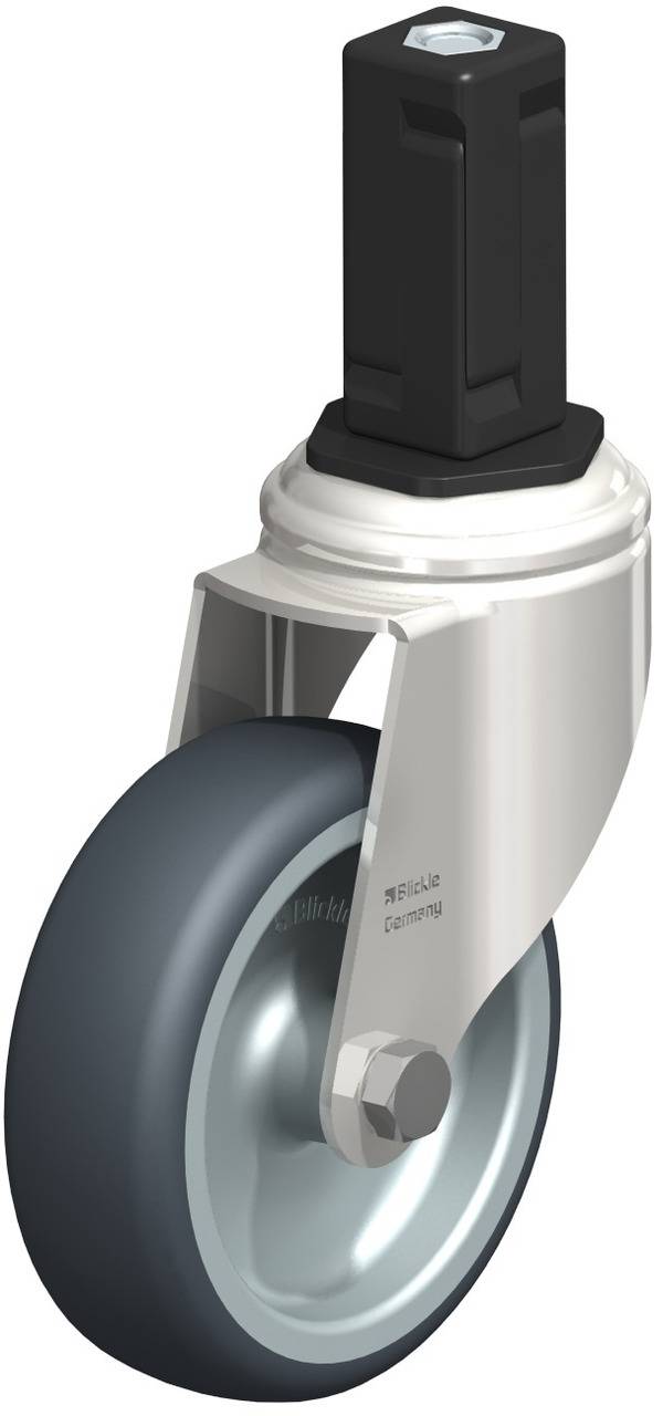 Industrie-Rolle mit schwarzem Stift, silbernem Gehäuse und grauem Rad, geeignet für Schwerlastanwendungen.