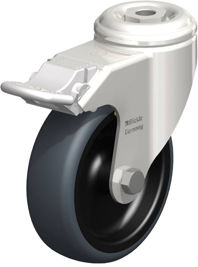 Schwenkrolle aus Metall mit schwarzem Rad, seitlicher Schraube und grauer Abdeckung. Geeignet für Möbel oder Transportgeräte.
