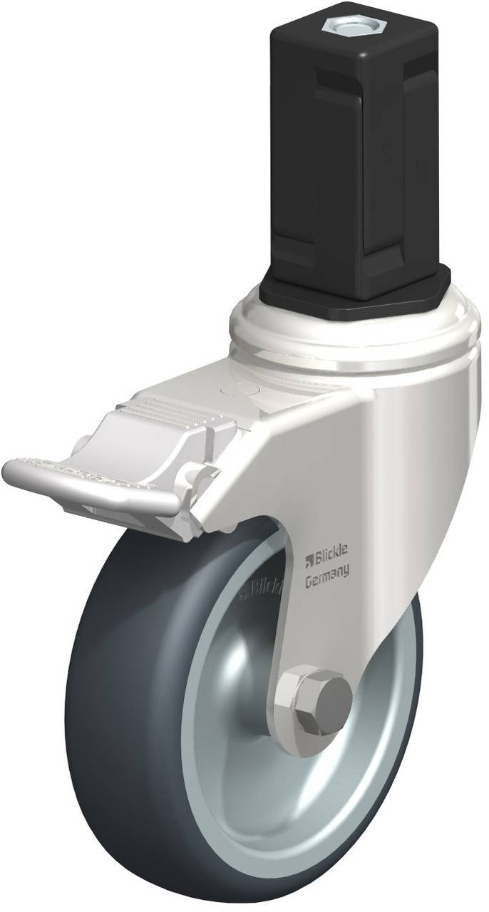 Industrie-Lenkrolle mit Bremse, schwarzem Gehäuse, grauem Rad, geeignet für unterschiedliche Bodenoberflächen.