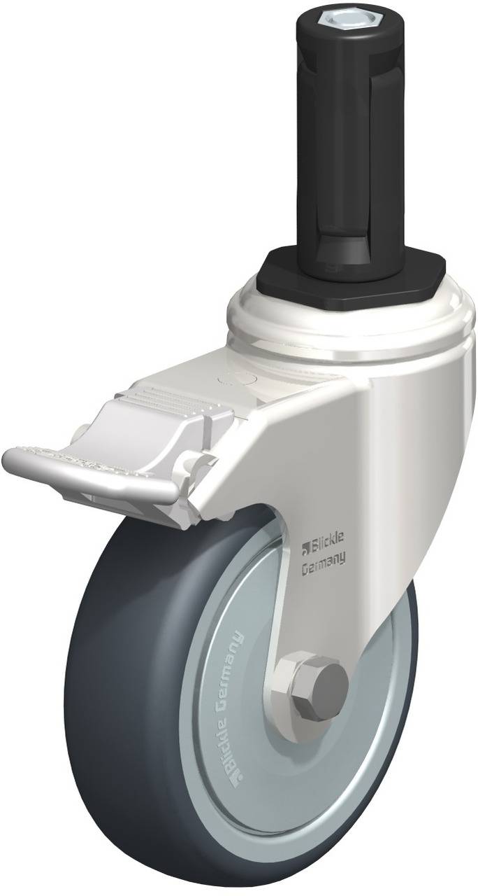Weiße Schwenkrolle mit grauem Rad und schwarzer Steckverbindung, geeignet für Möbel oder Geräte.