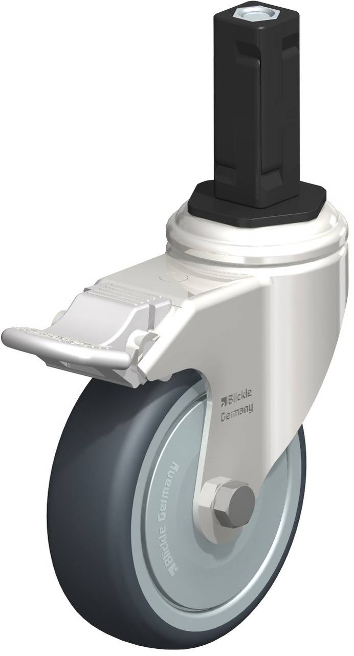 Schwenkrolle mit Bremse, schwarz-weiße Halterung, silbernes Rad mit grauer Lauffläche. Geeignet für Möbel oder Industrieanwendungen.