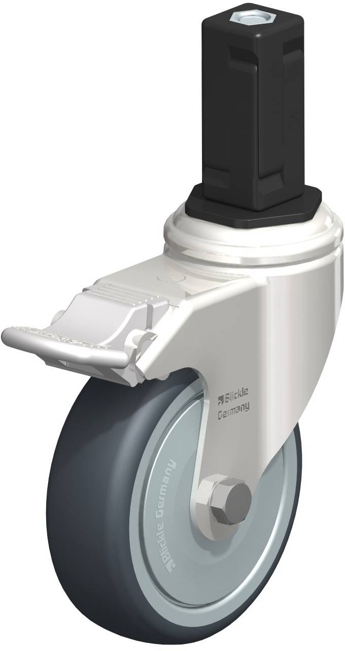 Industrielles Lenkrollenrad mit Bremse, geeignet für schwere Lasten, schwarze Befestigungskomponente, graues Rad mit glatter Oberfläche.