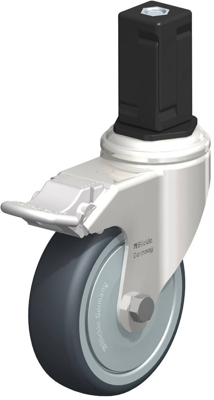 Industrie-Lenkrolle mit Bremse, schwarzer Drehdorn und graues Rad. Geeignet für schwere Lasten, bietet Stabilität und Beweglichkeit.