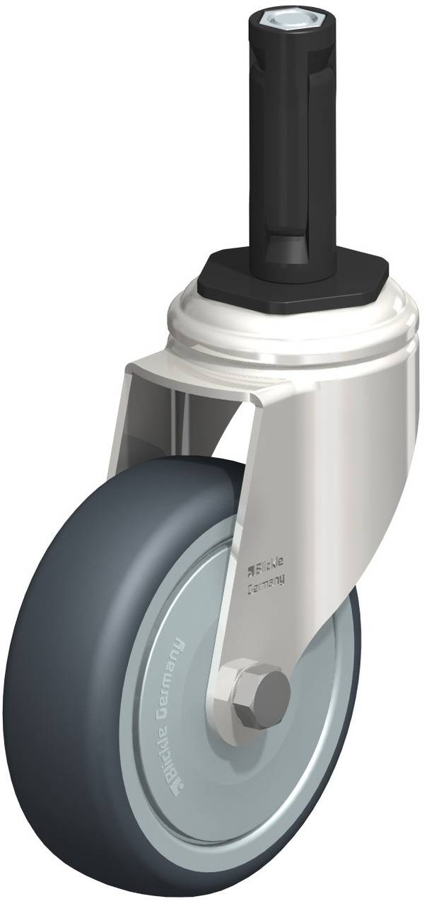 Schwenkrolle mit Halterung, grauer Kunststoffreifen, schwarzes Gewinde oben. Geeignet für Möbel oder Gerätebewegung.