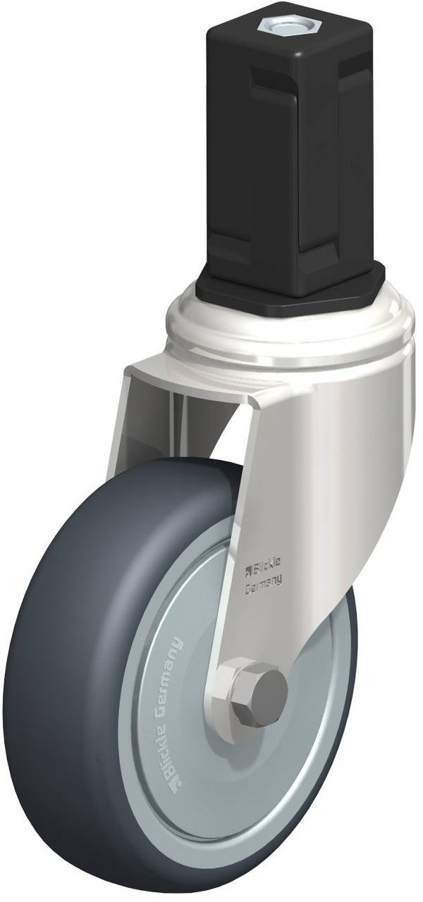 Stabile Rolle mit grauem Rad und schwarzem Halter, geeignet für industrielle Anwendungen.
