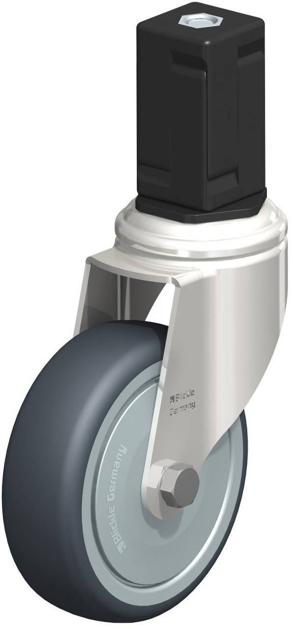 Schwenkrolle mit grauem Rad und schwarzem Befestigungselement, geeignet für Möbel oder Geräte, die leicht bewegt werden müssen.