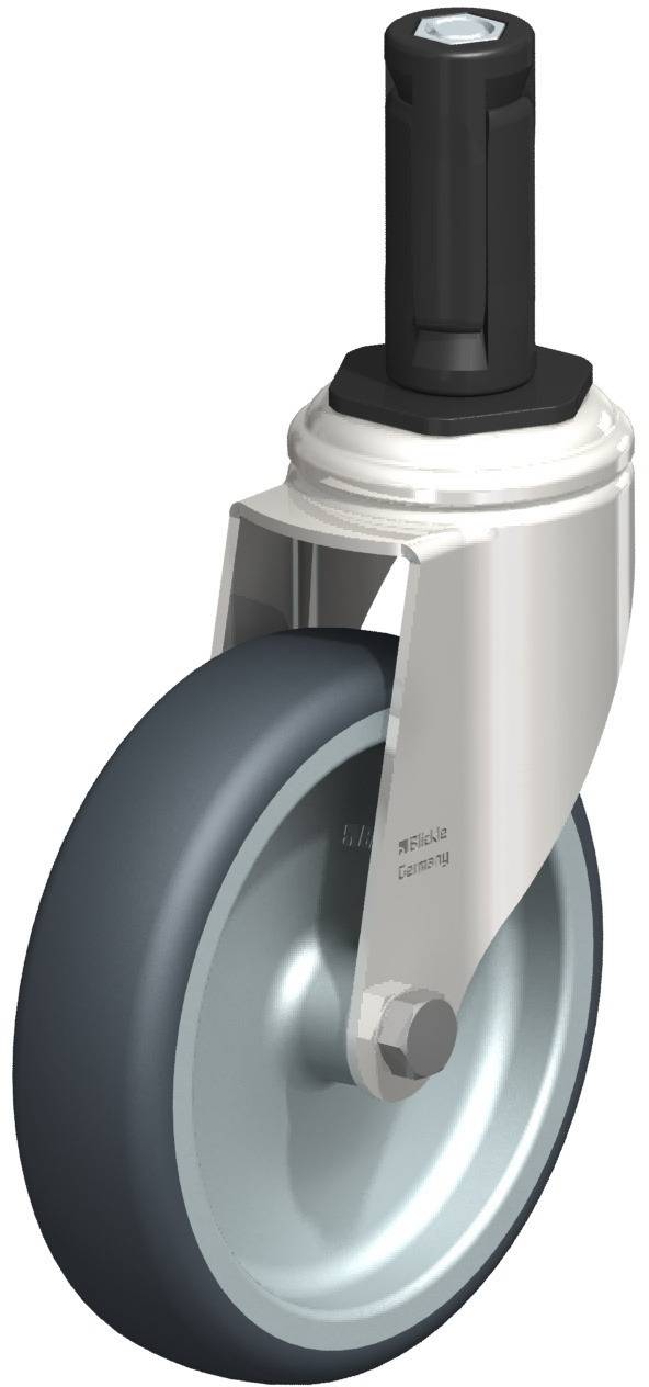 Schwenkrolle mit grauem Rad und schwarzem Stift, geeignet für verschiedene Transportgeräte.
