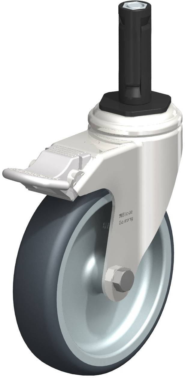 Industrielles Schwenkrollenrad aus Metall und Gummi mit Bremse, geeignet für Möbel oder schwere Geräte.