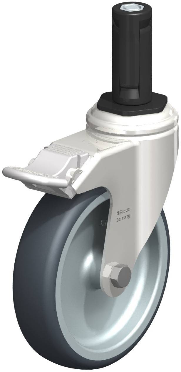 Industrielle Lenkrolle mit schwarzem Rad und silbernem Gehäuse, geeignet für Wagen und Transportgeräte in Fabriken oder Lagern.