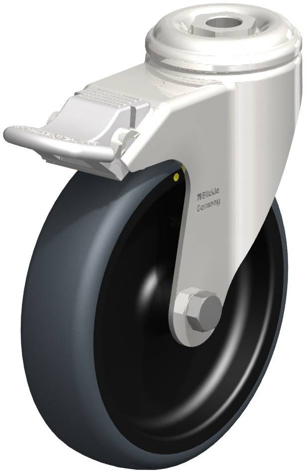 Industrie-Rollenrad mit schwarzem Rad und weißem Halter, geeignet für schwere Lasten. Markenlogo und Herkunftsland sind sichtbar.